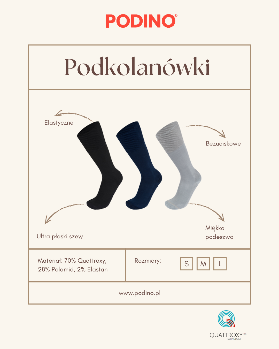 Podkolanówki bezuciskowe czarne Quattroxy™ PODINO®